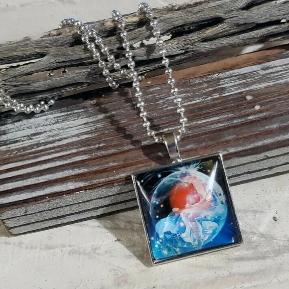 Hand Crafted Man in the Moon Nebula Square Glass Cabochon Pendant  Necklace - Picture 4 of 4